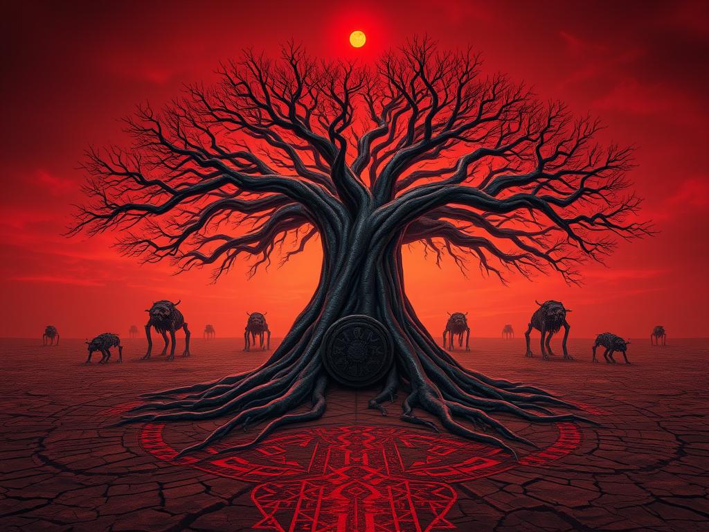 A colossal tree rises from the center of a barren wasteland, its roots stretching across the cracked...