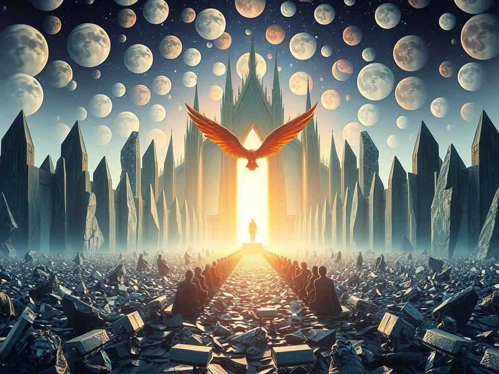 An endless field of glass stretches beneath a sky filled with countless moons of varying sizes and c...