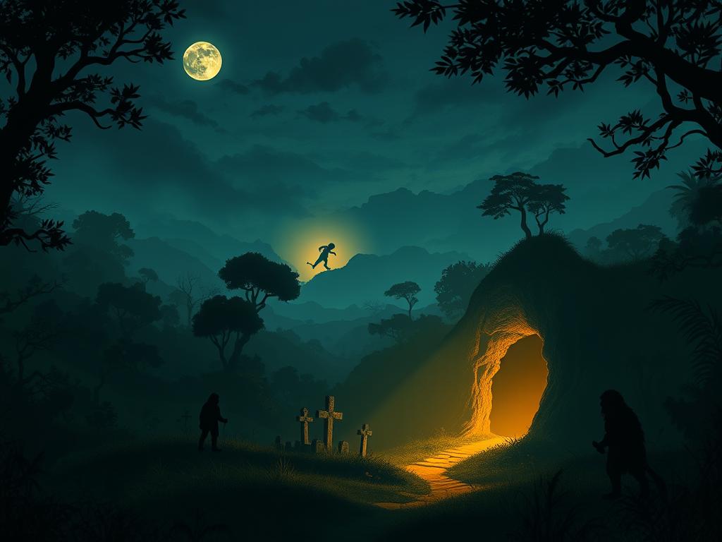 A Bright Green Forest With Tall Trees A Fast Rabbit Is Standing