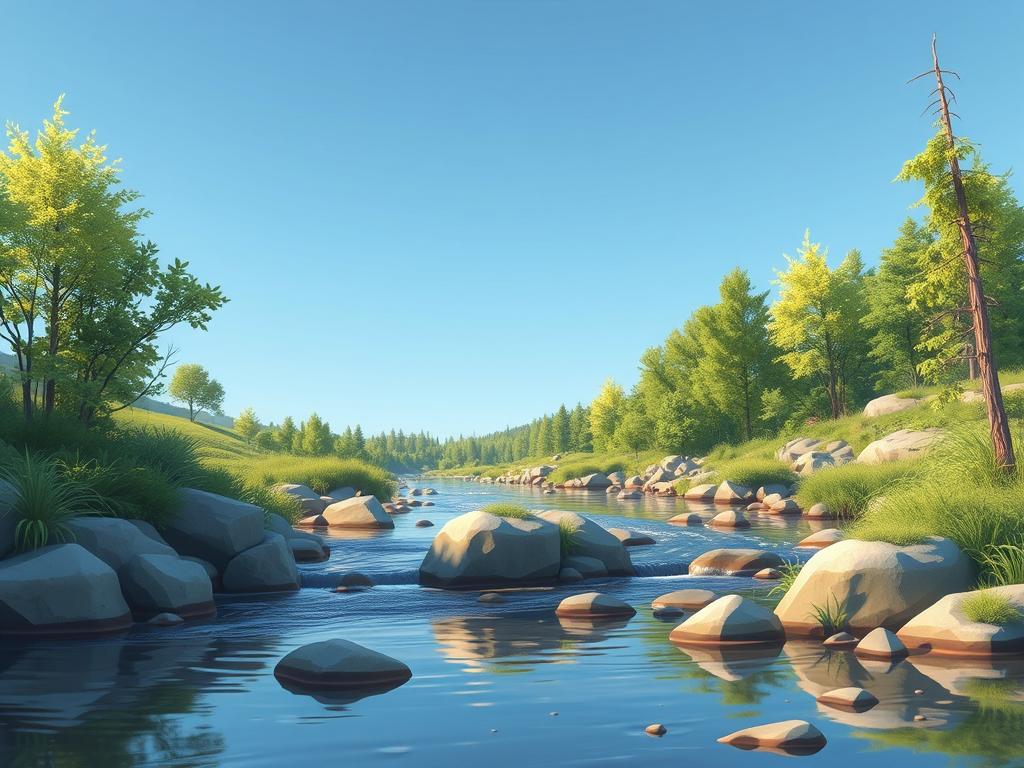 Village Scenary Where Some Grass Beside A River And Man Cycl