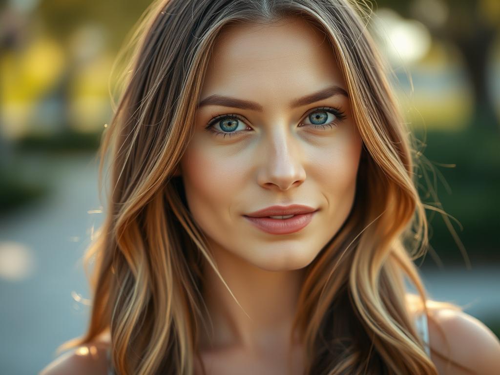 Close-up outdoor portrait of a woman with light brown hair, casual summer outfit, golden glow, photo...
