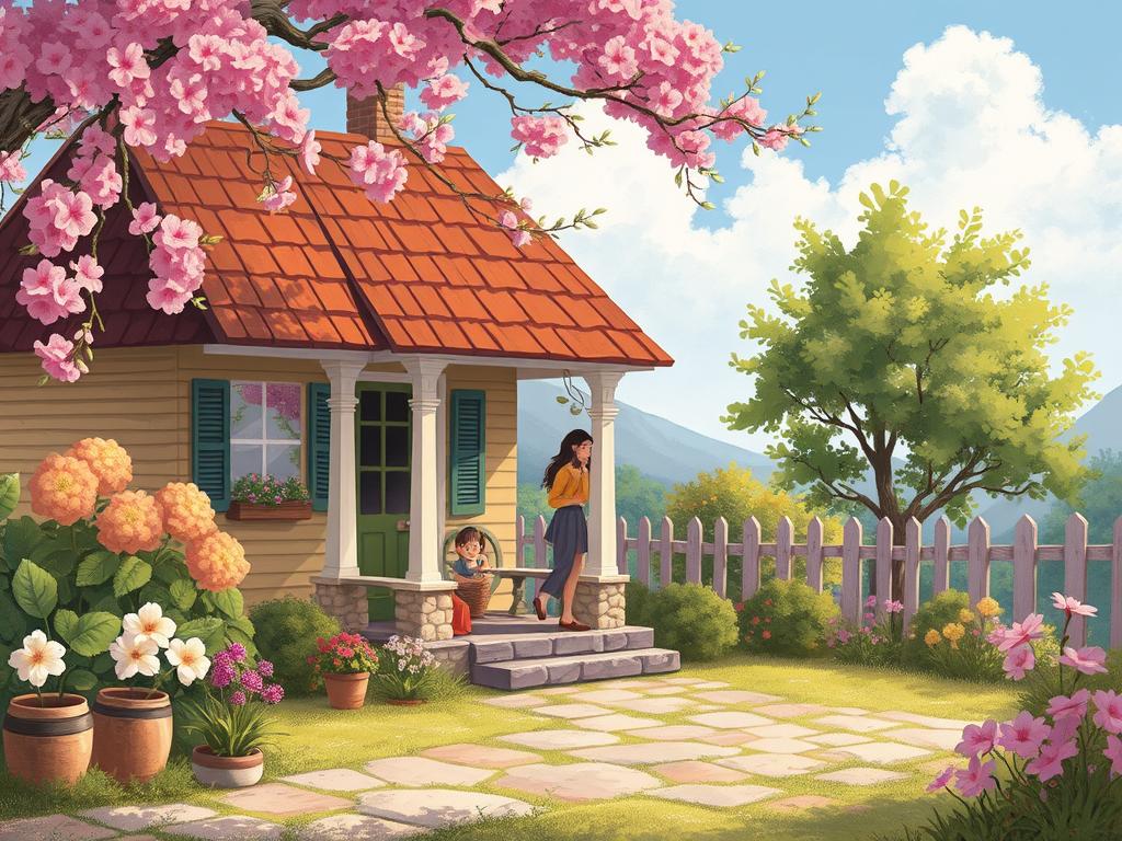A Smiling Rural Child Standing Beside His Mother In Front Of