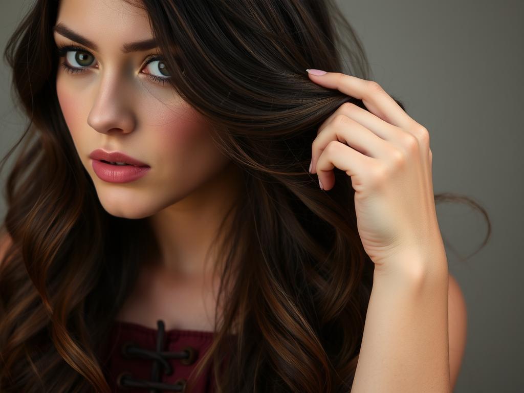 face women. long hair loose hair.   wavy hair.  hand to hair.  hair has fallen to one side of the bo...